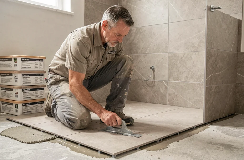 Artisan d'Aghadj posant des grands carreaux de sol dans une salle de bain avec colle à carrelage et croisillons