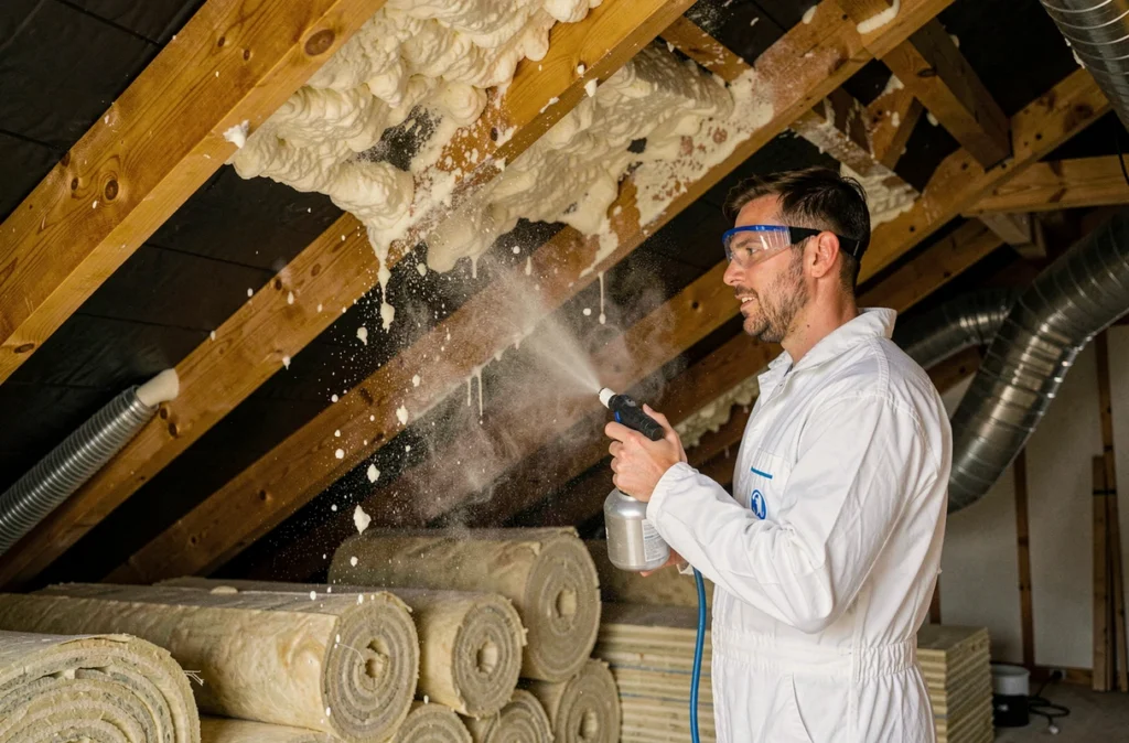 Spécialiste d'Anjou Isolation projetant de l'isolant thermique dans les combles d'une maison à Angers