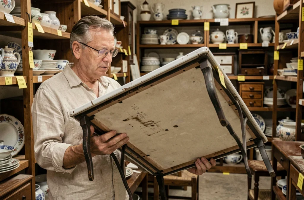 Antiquaire examinant le dessous d'une table basse Capron dans un atelier de brocante pour identifier une signature et estimer sa valeur