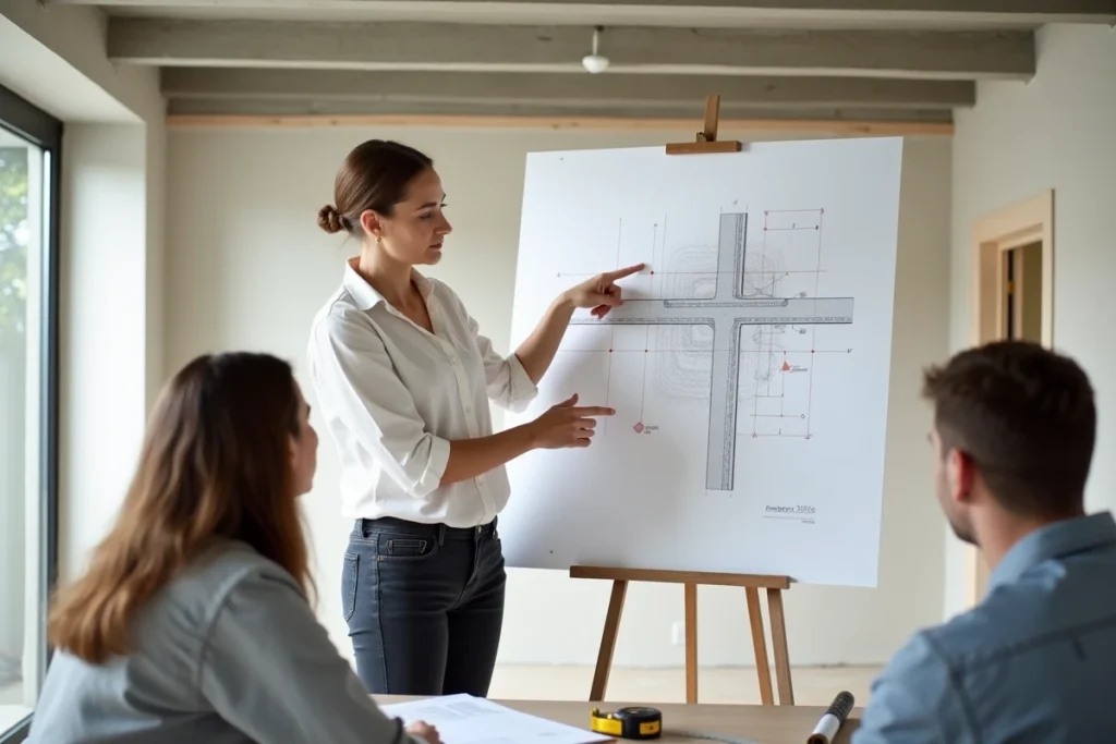 Architecte présentant un calcul de mur porteur à des clients lors d'une consultation de rénovation intérieure