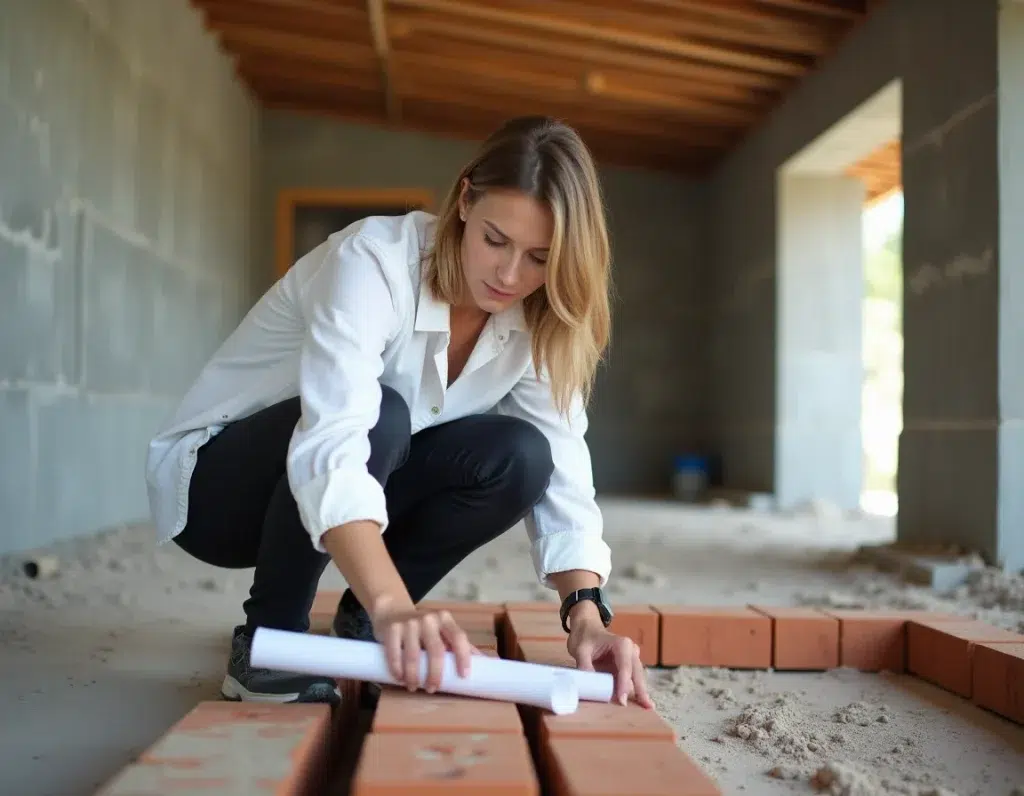 Architecte examinant des entrevous légers en terre cuite posés sur des poutrelles béton dans une maison en construction