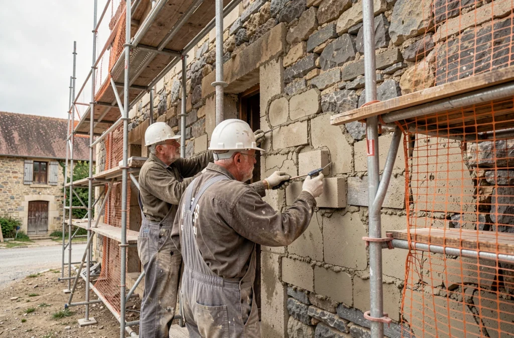 Ouvriers d'Arvernoise de Construction réalisant des travaux de gros oeuvre et réhabilitation sur un bâtiment ancien