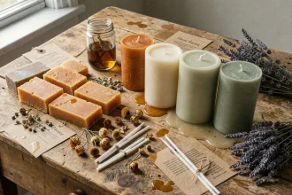 Table d'atelier artisanal avec bougies bio faites à la cire d'abeille, mèches en coton naturel et plantes séchées