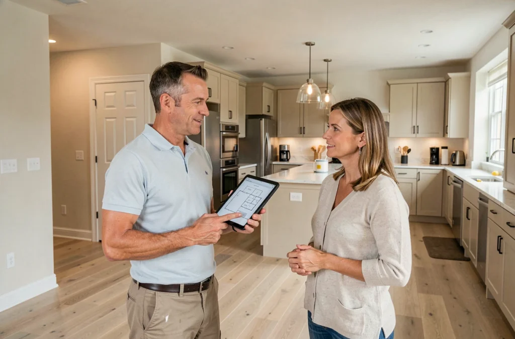 Chef de projet de Bâti Concept Anjou présentant une rénovation complète tous corps d'état à un propriétaire