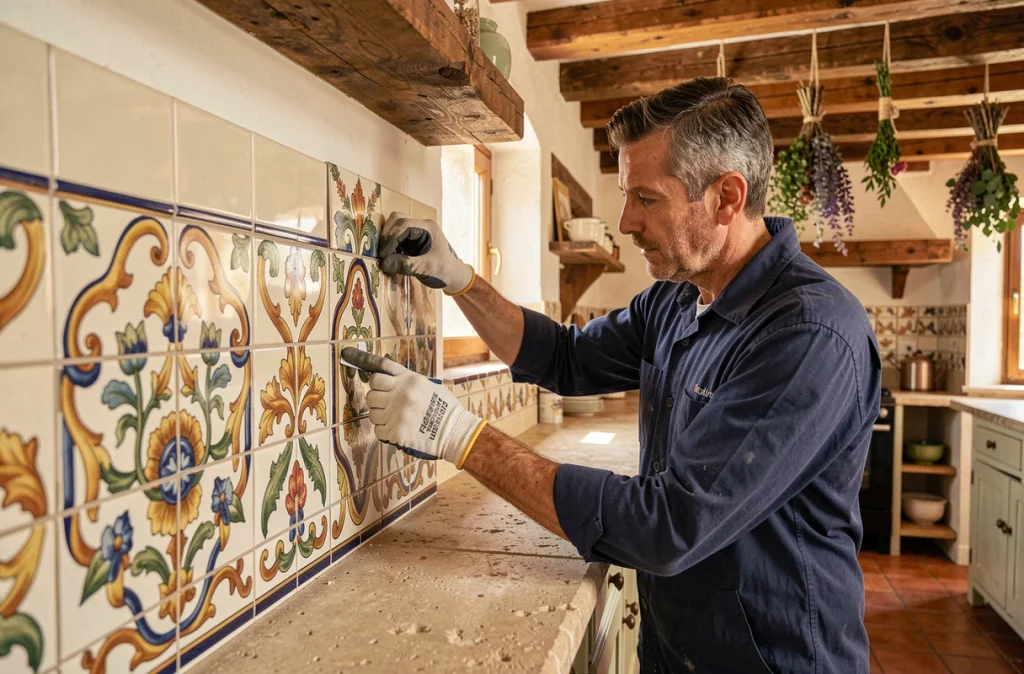 Bernard Ruiz posant de la faïence décorative dans une cuisine à Castres