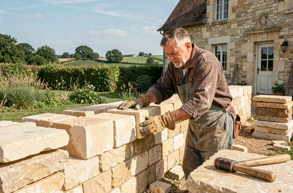 Maçon de Blanchard Maçonnerie posant des pierres de pays sur un mur ancien près de Sèvremoine
