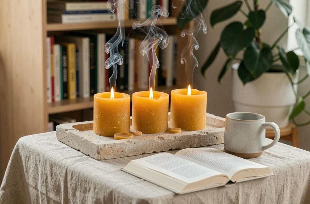 Bougies bio en cire d'abeille allumées sur un plateau en pierre dans un salon cosy et naturel