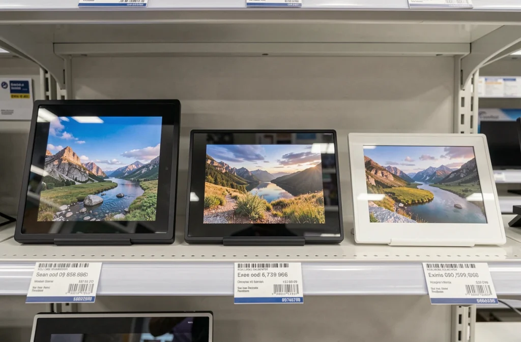 Trois cadres photo numériques exposés en magasin avec étiquettes de prix pour aider à choisir le meilleur modèle