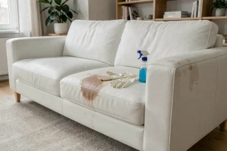 Canapé en cuir blanc taché avec produits de nettoyage posés dessus dans un salon moderne