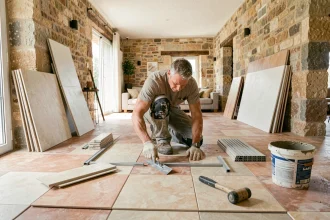 Artisan carreleur posant du carrelage dans une maison moderne en Occitanie