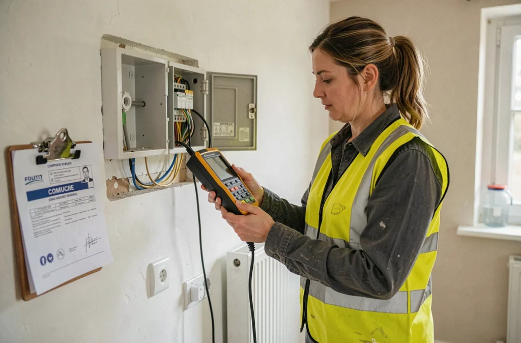 Technicienne de Cesbron Électricité effectuant une mise en conformité électrique dans une maison des Mauges
