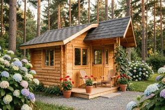 Chalet en bois de 20m2 sur mesure avec terrasse en bois et bardage pin naturel dans un jardin verdoyant