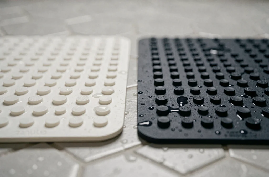 Comparaison de deux tapis de bain antidérapants côte à côte sur carrelage gris de salle de bains