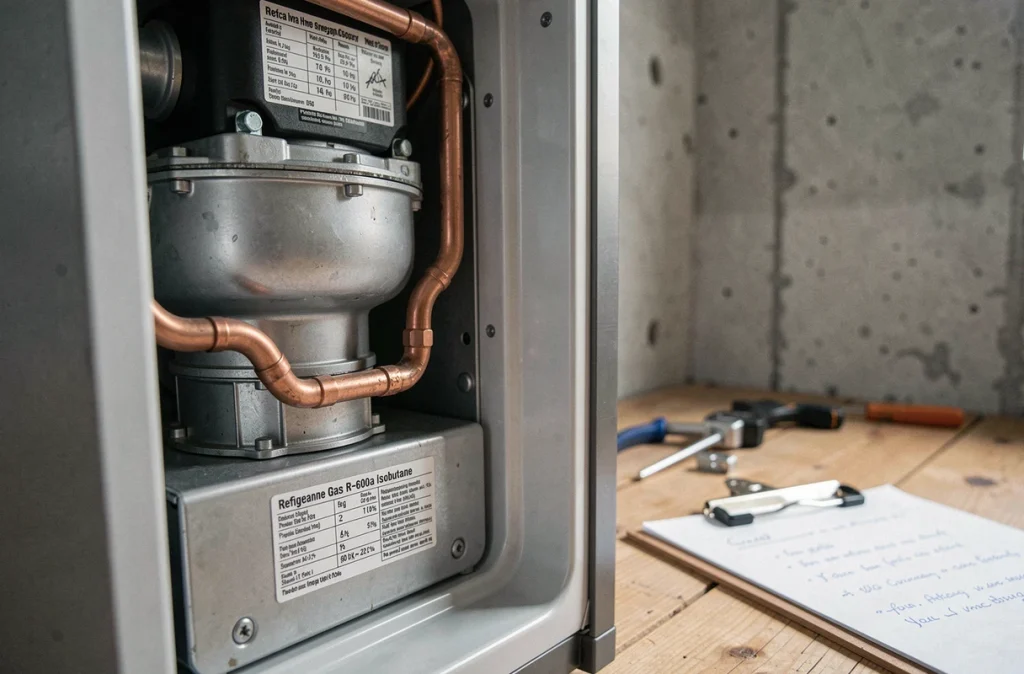Gros plan sur le compresseur et les tuyaux de gaz réfrigérant R-600a à l'arrière d'un réfrigérateur domestique
