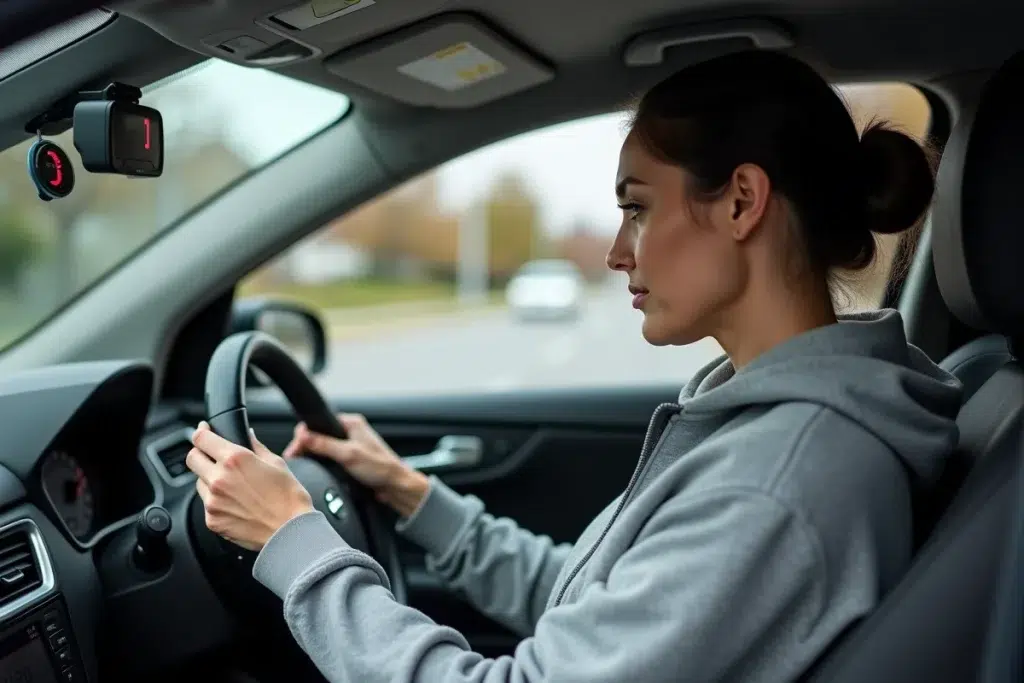 Femme configurant un détecteur Angeleye sur le tableau de bord d'une voiture garée en zone résidentielle
