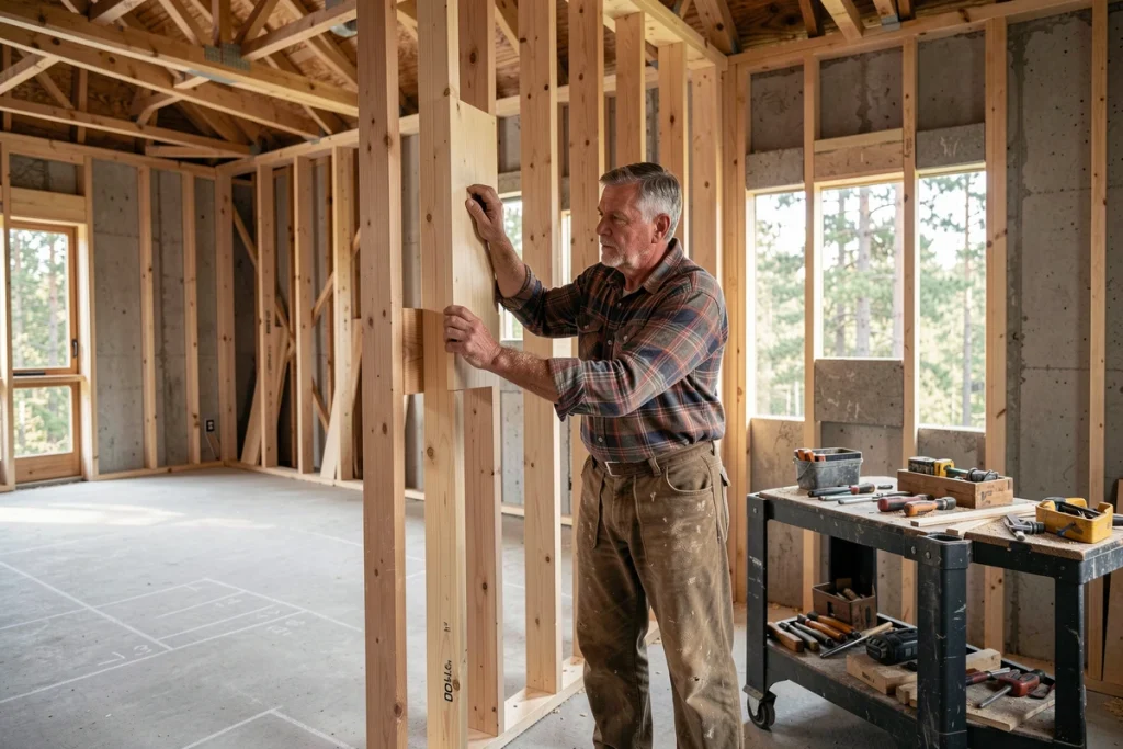 Artisan menuisier posant des panneaux en bois sur mesure dans un chalet de 20m2 en cours de construction