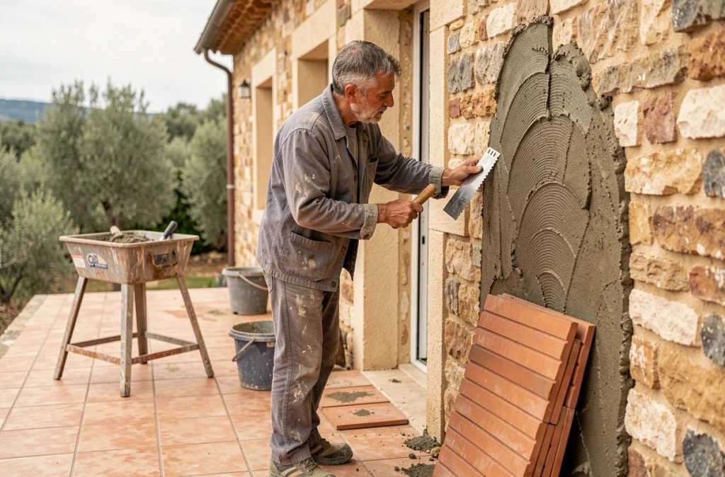 Delfini Patrick carreleur posant du carrelage sur une terrasse à Cuxac-Cabardès