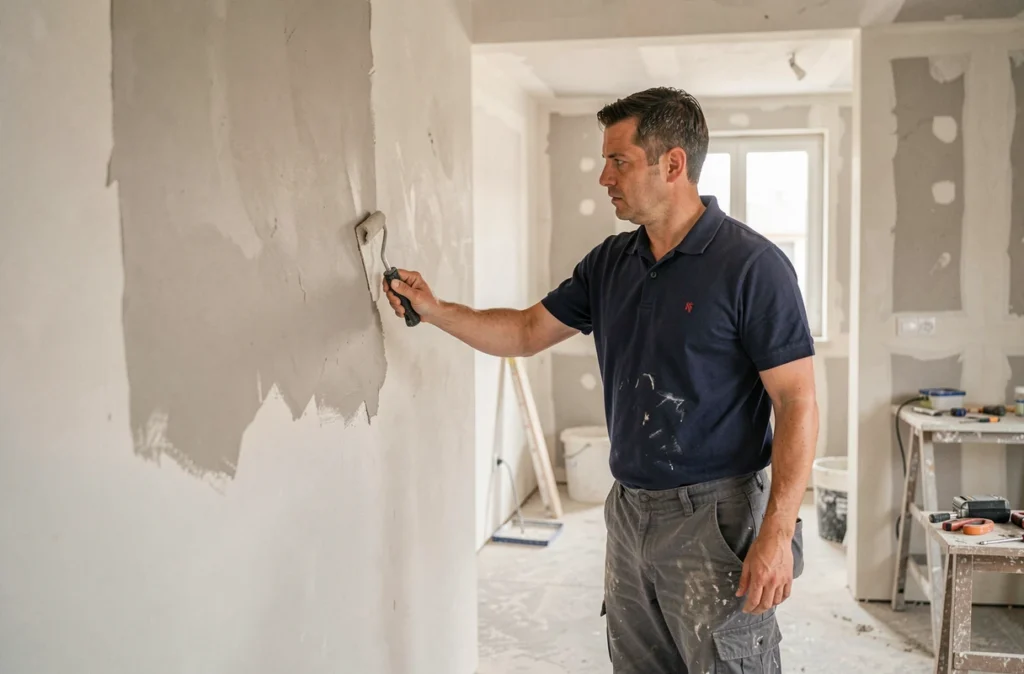 Artisan de Denivo appliquant du plâtre sur un mur intérieur lors d'une rénovation à Angers