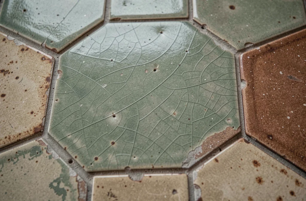 Gros plan sur les carreaux de céramique peints à la main d'une table basse Capron, montrant la glaçure artisanale et les craquelures caractéristiques