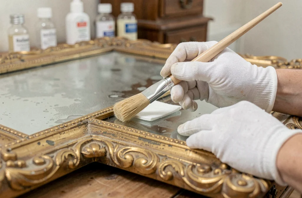 Mains gantées nettoyant délicatement le cadre doré sculpté d'un miroir ancien avec un pinceau doux
