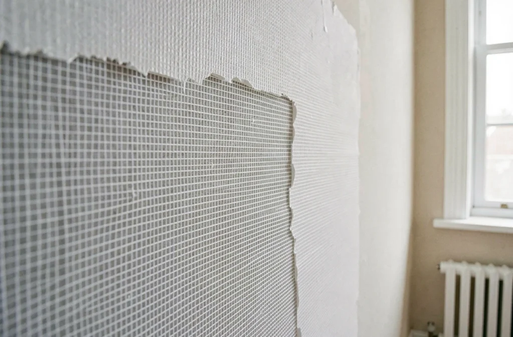 Détail de la texture d'une toile de verre peinte sur un mur sain après rénovation