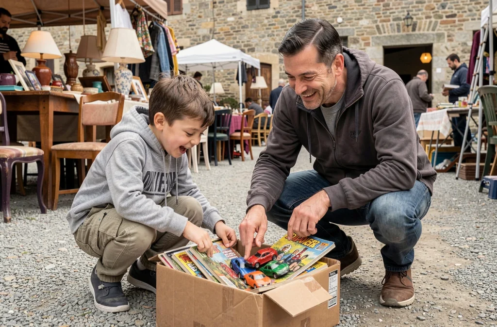 Enfant et son père découvrant de vieux jouets et bandes dessinées lors d'un vide-grenier familial
