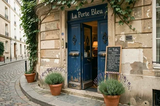 Entrée du bistrot La Porte Bleu avec sa porte en bois bleu cobalt, lavande en pot et ardoise de menu sur une rue pavée parisienne