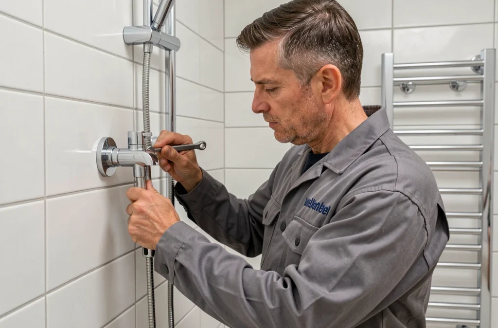 Technicien d'Entreprise Chauffage Sanitaire réglant un mitigeur thermostatique de douche dans une salle de bain carrelée