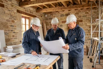 Équipe de rénovation professionnelle examinant des plans dans une maison en pierre du Maine-et-Loire partiellement rénovée