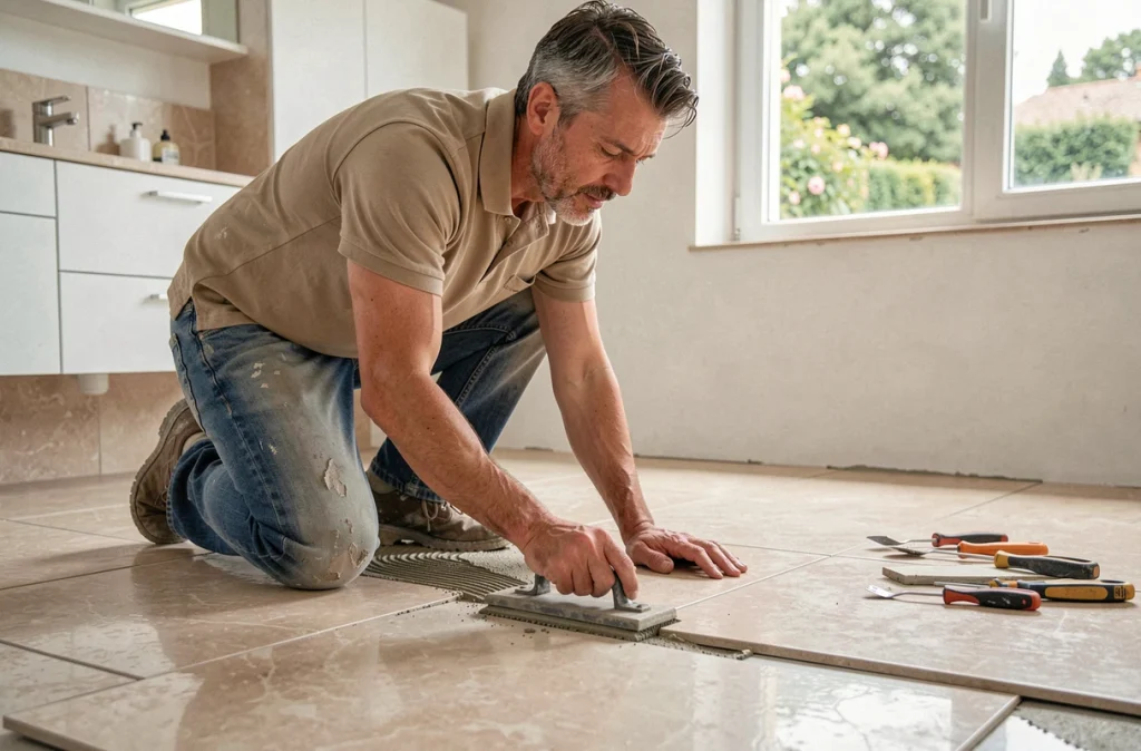 Artisan carreleur Ets Cadorin posant du carrelage en Haute-Garonne