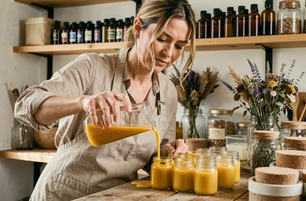 Femme artisane versant de la cire de soja biologique dans des bocaux en verre pour fabriquer des bougies naturelles