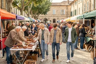 Famille en sortie au vide-grenier du weekend dans les Deux-Sèvres, parcourant les étals en plein air