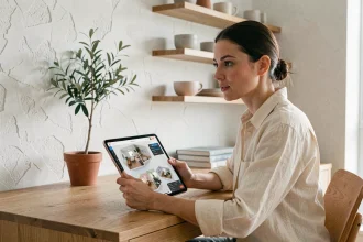 Femme utilisant une application d'aménagement intérieur IA sur une tablette dans un bureau moderne au style scandinave