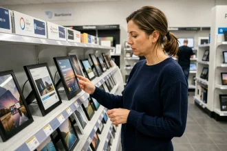 Femme examinant un cadre photo numérique en magasin d'électronique pour choisir le meilleur modèle