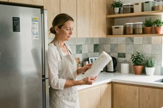Femme examinant l'étiquette énergétique d'un réfrigérateur écologique dans une cuisine moderne aux tons naturels