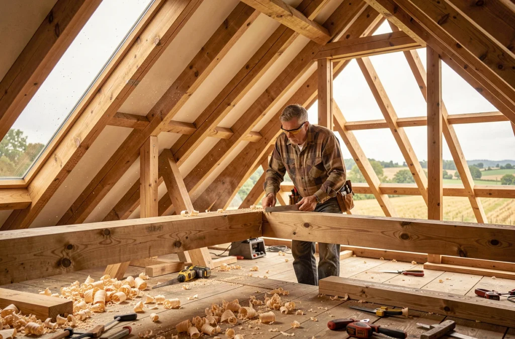 Charpentier de Guérin Charpente assemblant une charpente en bois traditionnelle sur une maison en Maine-et-Loire
