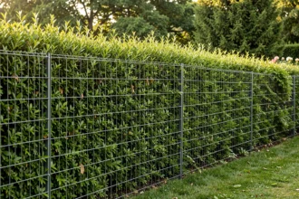 Haie d'arbustes verts plantée le long d'un grillage rigide dans un jardin