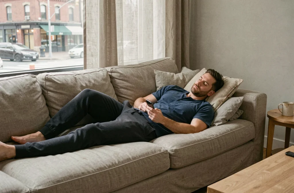 Homme allongé en travers d'un canapé en lin beige dans un appartement moderne, en position détendue pour regarder la télévision