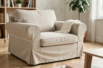 Housse extensible blanche sur un fauteuil beige dans un salon scandinave épuré