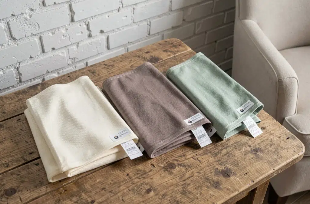 Trois housses extensibles pliées en coloris neutres pour fauteuil clair présentées sur une table en bois