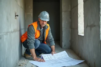 Ingénieur examinant un mur de refend en béton brut sur un chantier de rénovation appartement