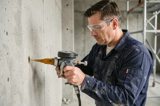 Ouvrier du bâtiment injectant une résine de scellement chimique dans un mur en béton avec un pistolet à cartouche professionnel