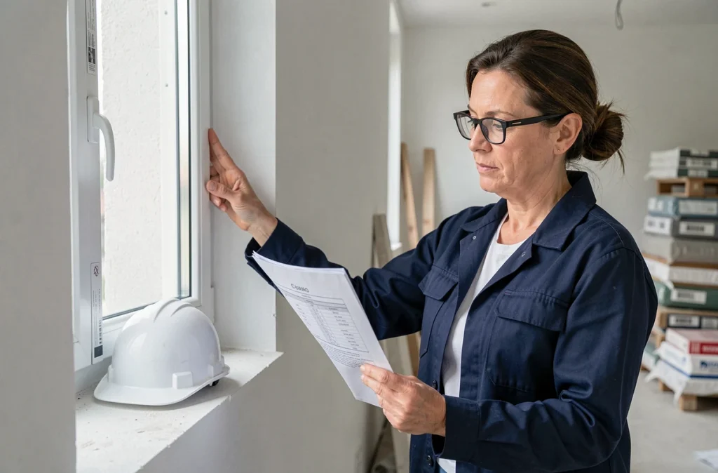 Contrôleuse technique inspectant la pose d'une fenêtre sur un chantier résidentiel, vérification de la conformité au DTU 36.5