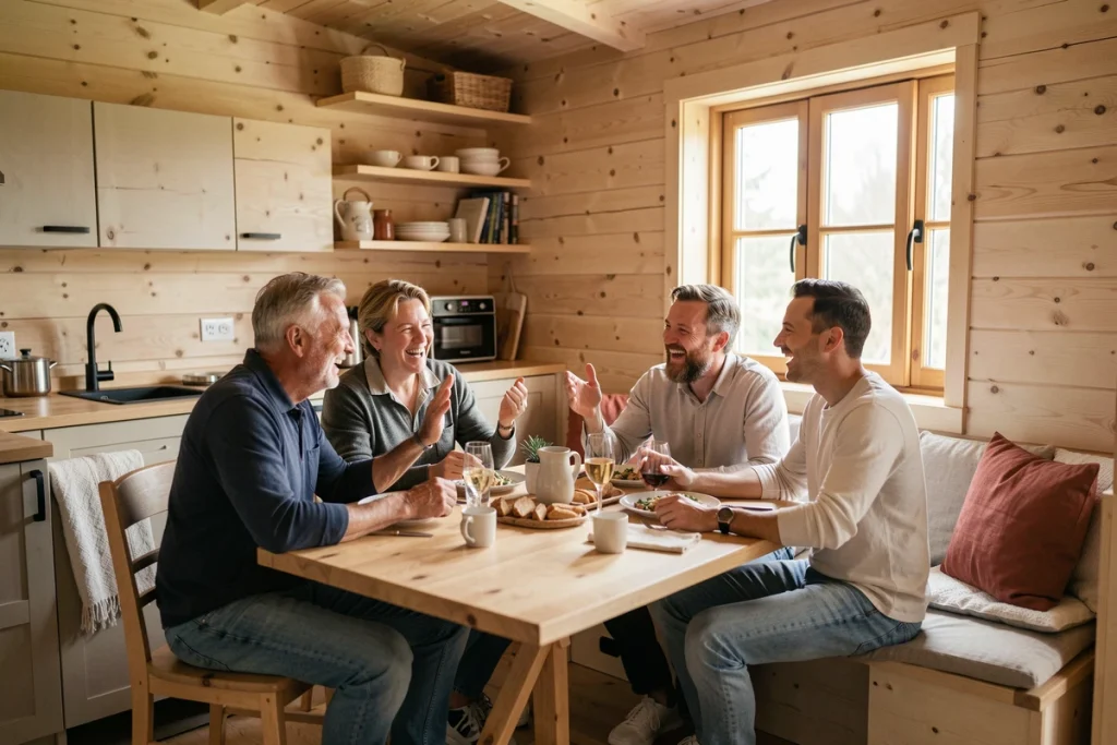 Intérieur chaleureux d'un chalet bois 20m2 accueillant famille et amis autour d'un repas convivial