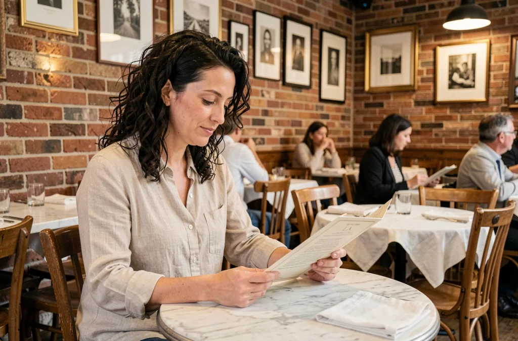 Femme consultant le menu à l'intérieur du restaurant La Porte Bleu, décor en briques apparentes et tables en marbre