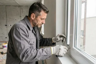 Artisan appliquant un joint silicone sur le cadre d'une fenêtre en PVC dans un appartement en rénovation, illustration des règles DTU 36.5