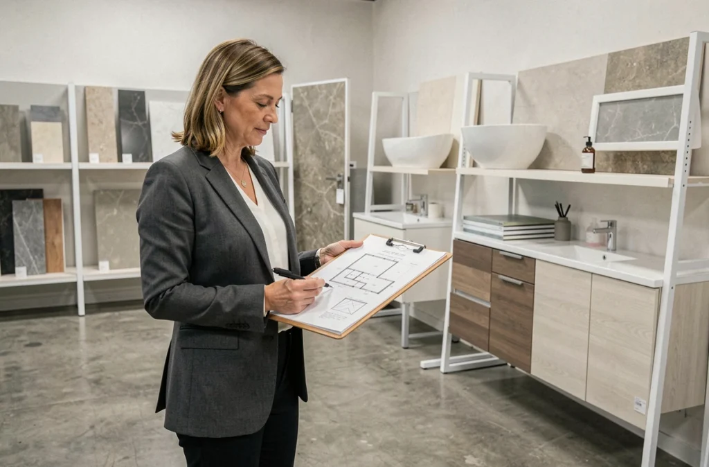 Consultante de LC Aménagement examinant des plans de rénovation de salle de bain dans un showroom professionnel