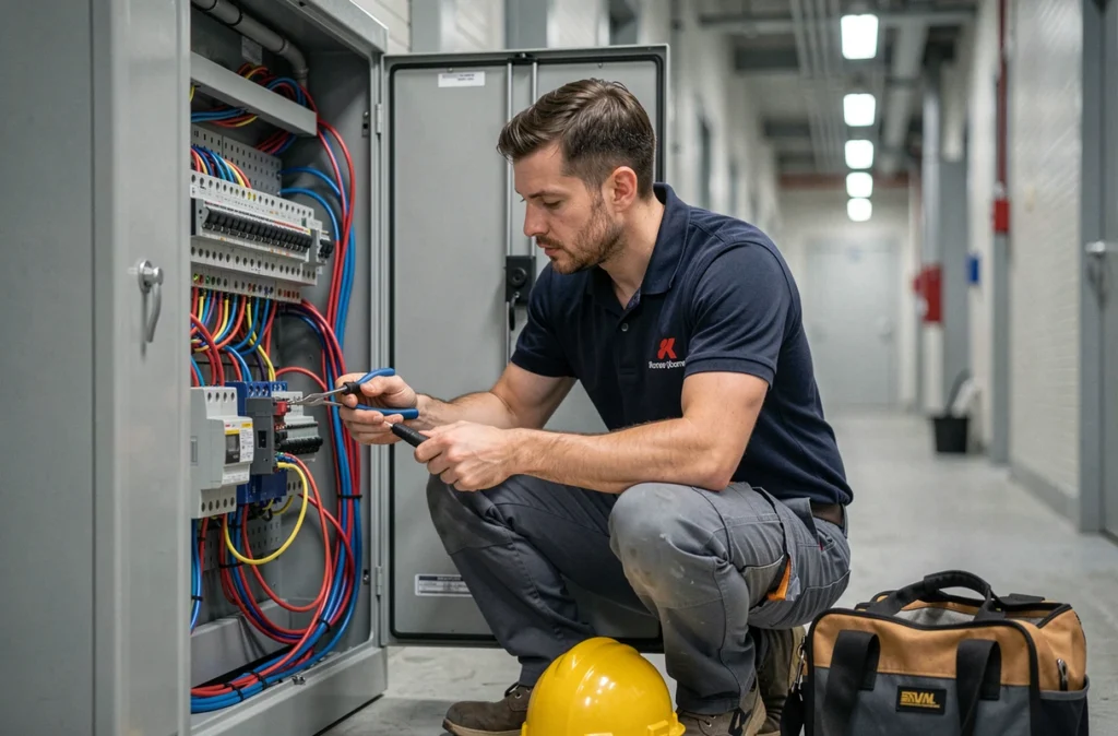 Électricien de LEE L'Entreprise Electrique câblant un tableau électrique dans un bâtiment industriel