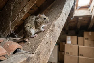 Loir gris perché sur une poutre en bois dans des combles rustiques, regard alerte, atmosphère documentaire réaliste