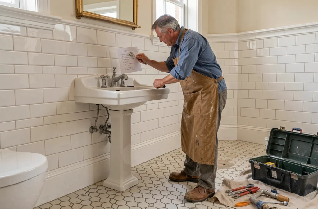 Artisan Lorcy Alain installant un lavabo sur colonne dans une salle de bain au carrelage style ancien